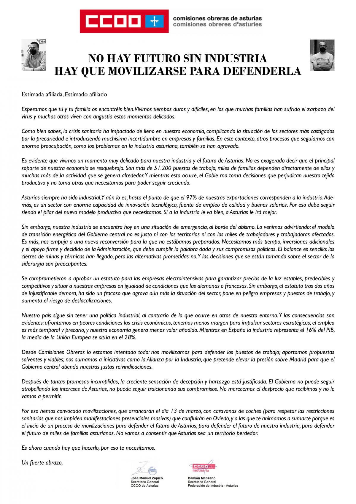 Carta a la afiliación de CCOO de Asturias