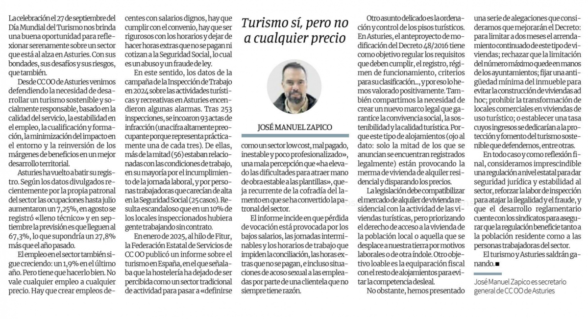 Tribuna de J. M. Zapico sobre el turismo